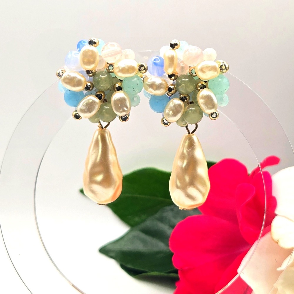 Vintage Pastel Acrylic Bead Cluster Faux Pearl Teardrop Dangle Earrings